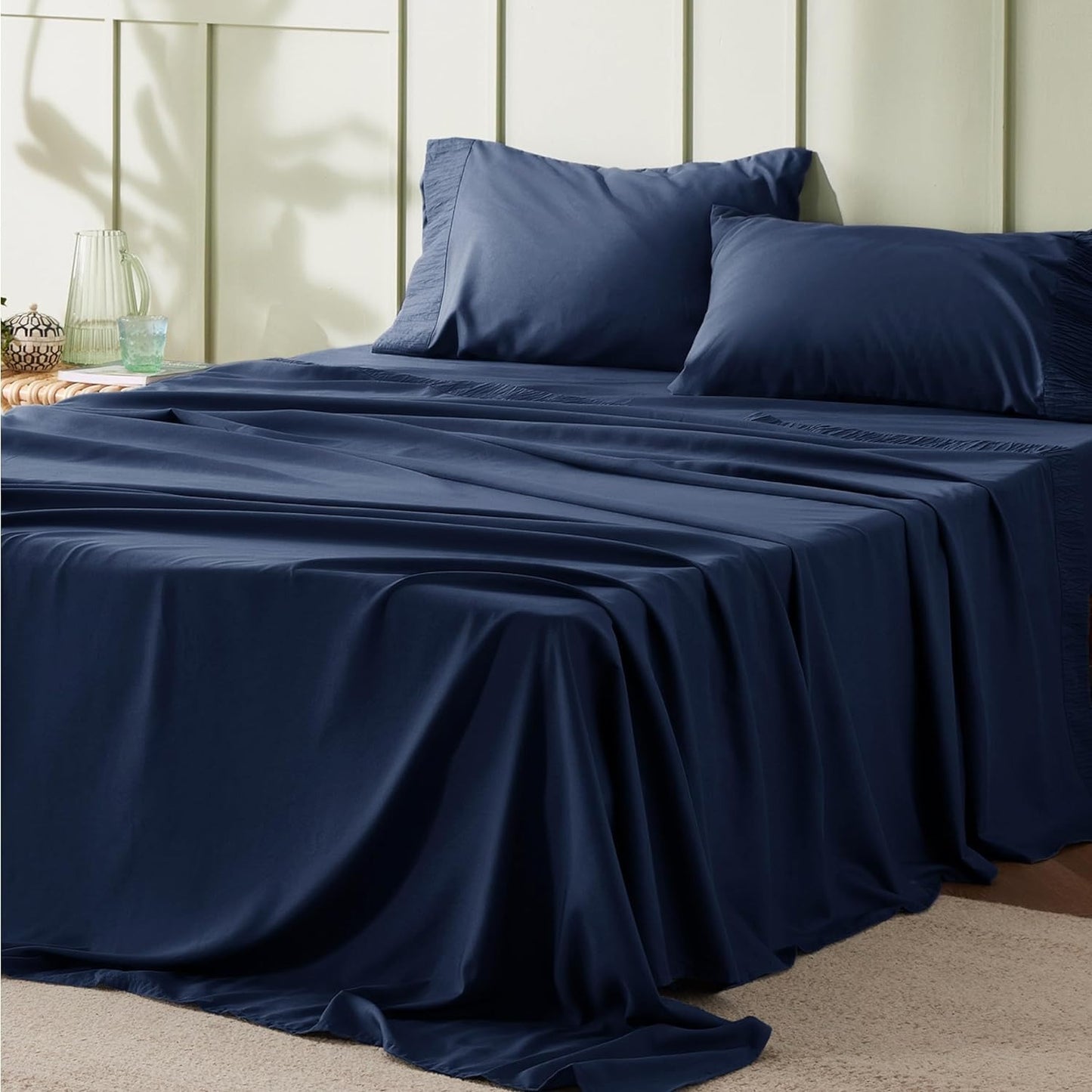 4pcs Luxurious Microfiber Sheet Set - 14" Deep Pocket, Exquisite Pinch Pleat, Shrink-Resistant, Fade-Resistant, Soft & Comfortable Bedding Set With Pillowcase, Flat Sheet, Fitted Sheet - Modern Design For All Season, Dorm Bedding For College Set
