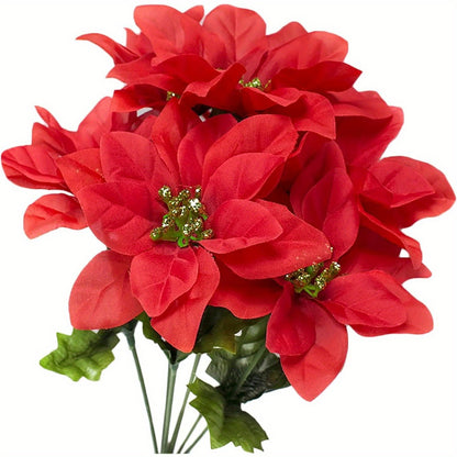 6 Pack Artificial Poinsettia Bushes, 14.6 Inch Faux Red 7 Stems Velvet Poinsettia Floral for Indoor Outdoor Christmas Tree Ornament Home Porch Decorations