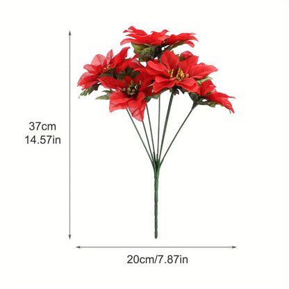 6 Pack Artificial Poinsettia Bushes, 14.6 Inch Faux Red 7 Stems Velvet Poinsettia Floral for Indoor Outdoor Christmas Tree Ornament Home Porch Decorations