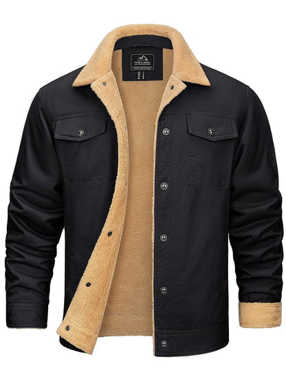 FASBUCO Men's Pure Cotton Cargo Jacket - Thick Fleece Lined, Windproof, Lapel Coat with Button Pockets, Closure, Solid Color, Breathable, Casual, Suitable for Fishing, Hiking, Traveling, Dating, and Outdoor Activities in Cold Weather
