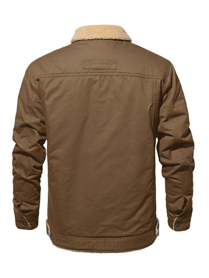 FASBUCO Men's Pure Cotton Cargo Jacket - Thick Fleece Lined, Windproof, Lapel Coat with Button Pockets, Closure, Solid Color, Breathable, Casual, Suitable for Fishing, Hiking, Traveling, Dating, and Outdoor Activities in Cold Weather