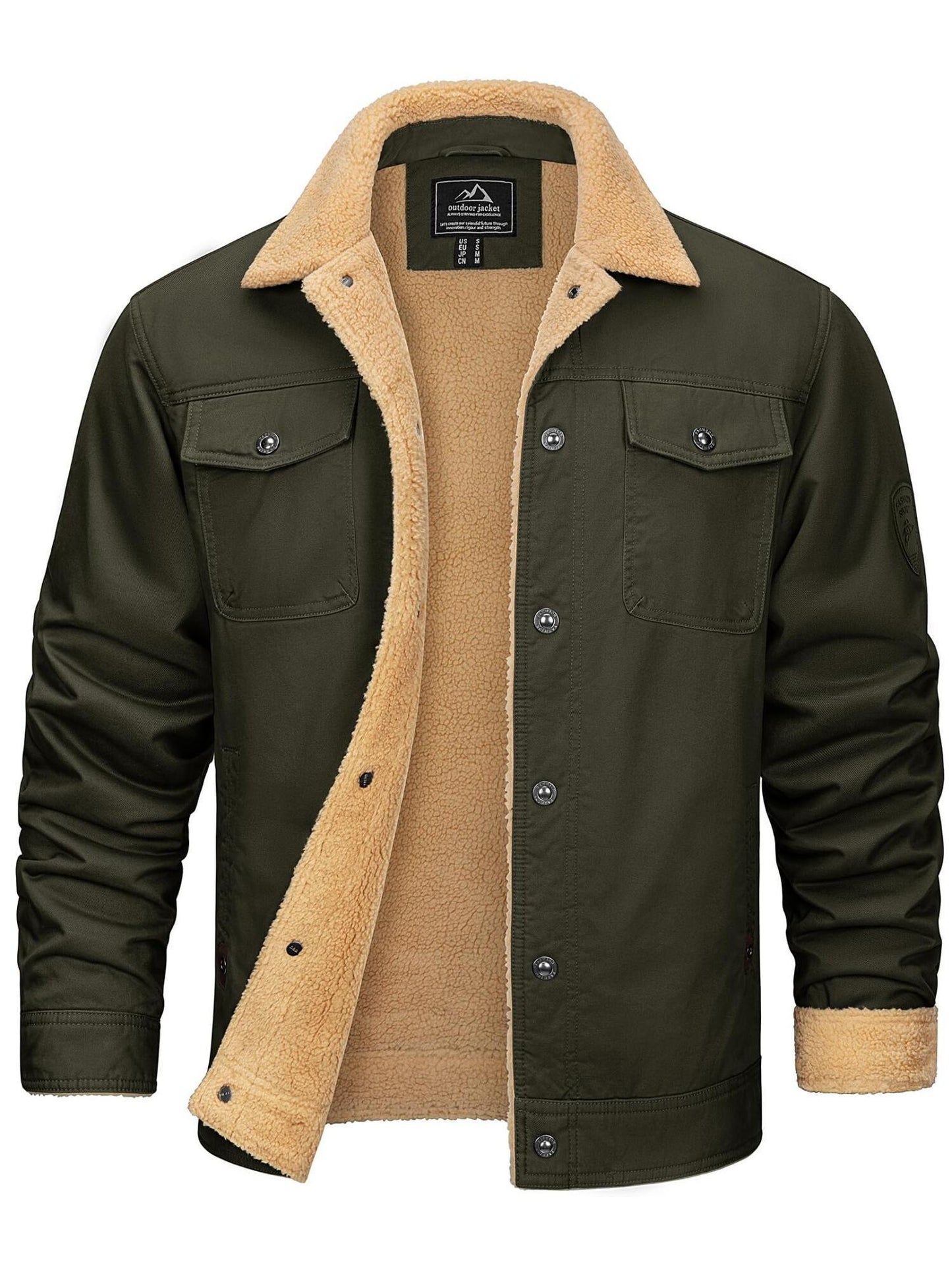 FASBUCO Men's Pure Cotton Cargo Jacket - Thick Fleece Lined, Windproof, Lapel Coat with Button Pockets, Closure, Solid Color, Breathable, Casual, Suitable for Fishing, Hiking, Traveling, Dating, and Outdoor Activities in Cold Weather