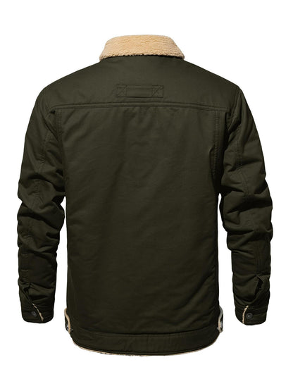 FASBUCO Men's Pure Cotton Cargo Jacket - Thick Fleece Lined, Windproof, Lapel Coat with Button Pockets, Closure, Solid Color, Breathable, Casual, Suitable for Fishing, Hiking, Traveling, Dating, and Outdoor Activities in Cold Weather