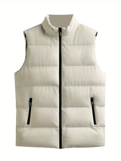1pc Men'S Casual Stand Collar Puffer Vest - Solid Color Quilted Waistcoat with Zipper, Polyester Filled, Non-Stretch, Slim Fit, Sleeveless Padded Jacket for Fall/Winter, Streetwear Sweatshirts, Plus Size