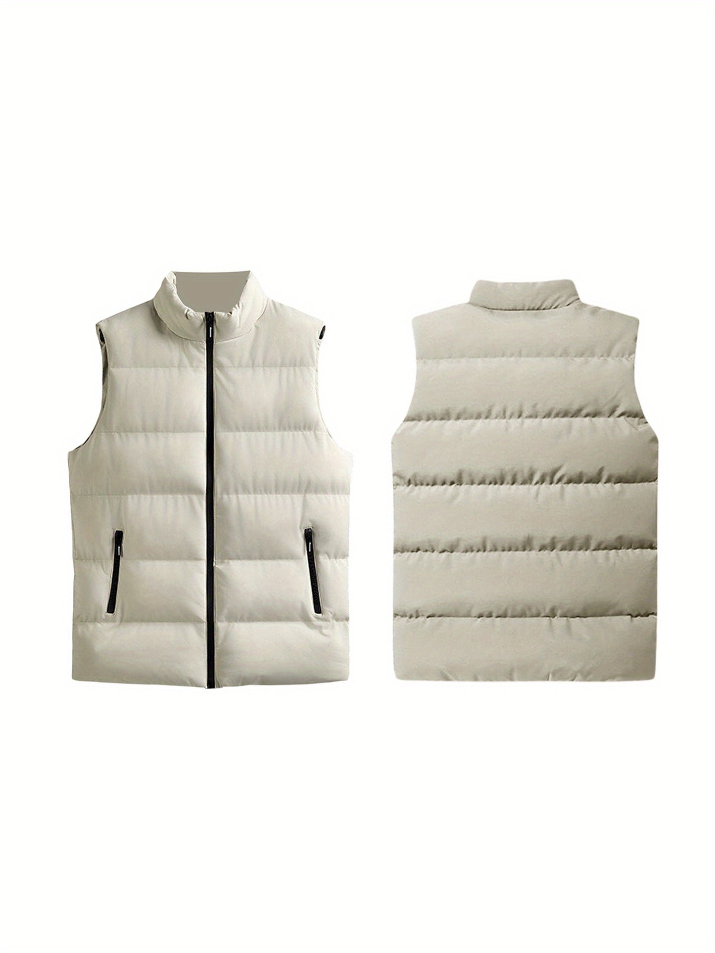 1pc Men'S Casual Stand Collar Puffer Vest - Solid Color Quilted Waistcoat with Zipper, Polyester Filled, Non-Stretch, Slim Fit, Sleeveless Padded Jacket for Fall/Winter, Streetwear Sweatshirts, Plus Size