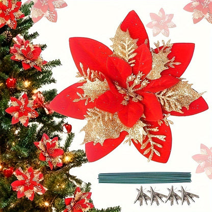 30pcs Vibrant Red Artificial Christmas Flowers with Clips & Stems - Easy to Use, No Power Required, Perfect for Tree, Wreath, DIY Decorations, and Festive Centerpieces