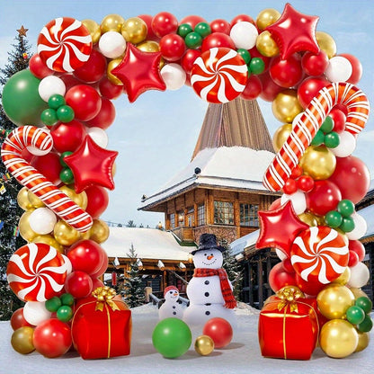 119pcs Latex Balloon Garland Kit - Mixed Color Festive Red, White & Golden with Candy Canes for Holiday Home Outdoor Party Decorations - No Electricity Needed