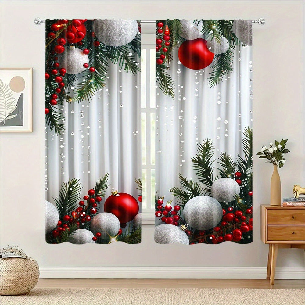 2pcs Set Christmas Tree Curtains - Digital Printed Polyester, Rod Pocket Design for Living Room, Kitchen, Bedroom & Study - Machine Washable Home Decor (Rods Not Included)