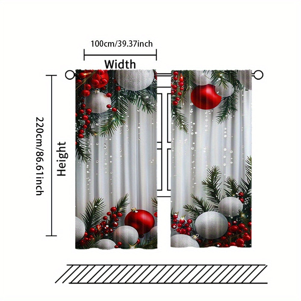 2pcs Set Christmas Tree Curtains - Digital Printed Polyester, Rod Pocket Design for Living Room, Kitchen, Bedroom & Study - Machine Washable Home Decor (Rods Not Included)
