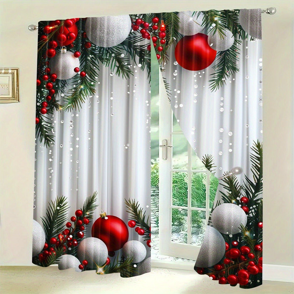 2pcs Set Christmas Tree Curtains - Digital Printed Polyester, Rod Pocket Design for Living Room, Kitchen, Bedroom & Study - Machine Washable Home Decor (Rods Not Included)