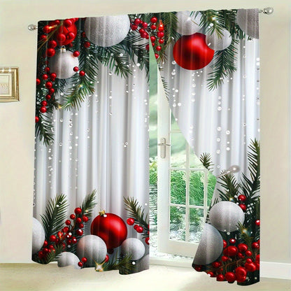 2pcs Set Christmas Tree Curtains - Digital Printed Polyester, Rod Pocket Design for Living Room, Kitchen, Bedroom & Study - Machine Washable Home Decor (Rods Not Included)