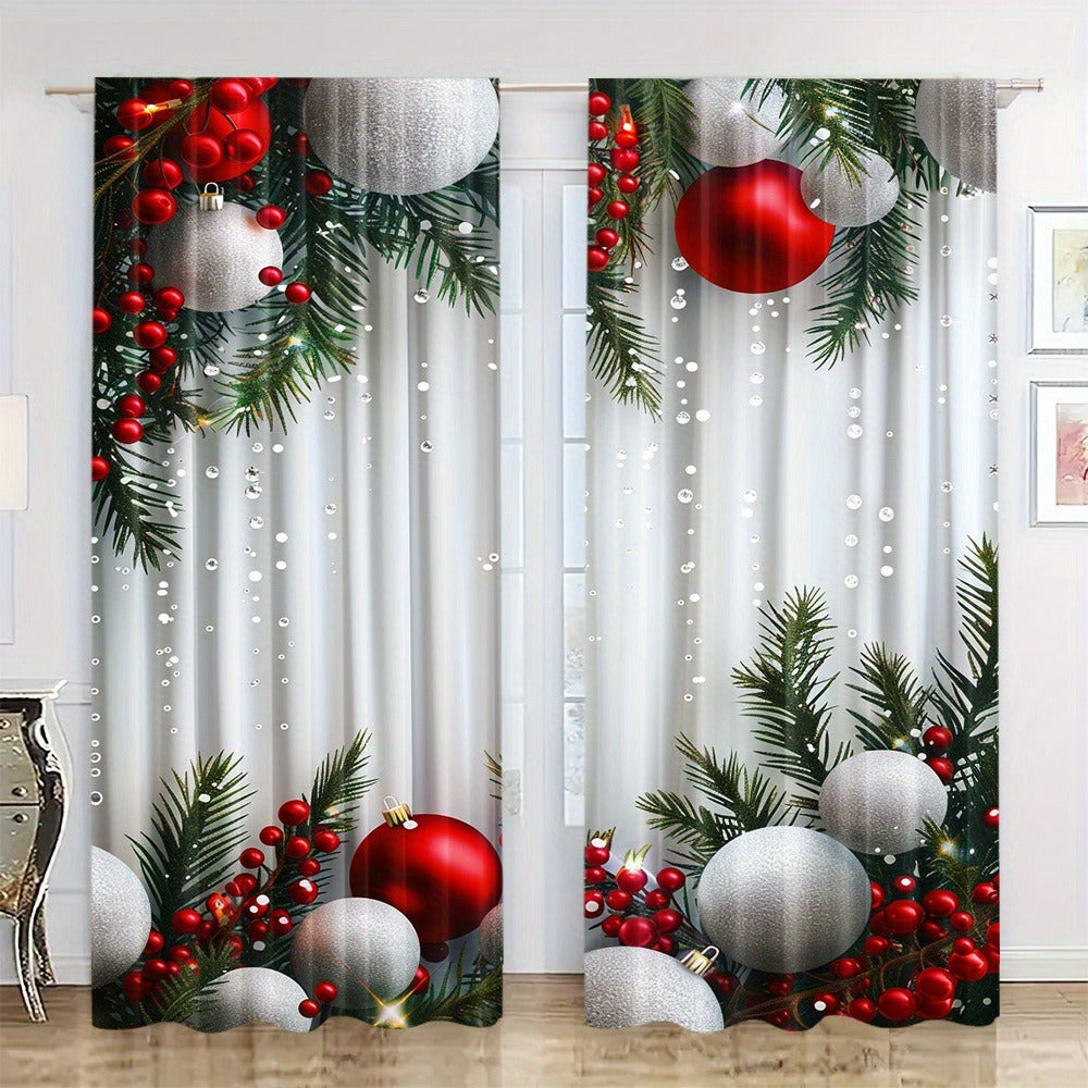 2pcs Set Christmas Tree Curtains - Digital Printed Polyester, Rod Pocket Design for Living Room, Kitchen, Bedroom & Study - Machine Washable Home Decor (Rods Not Included)
