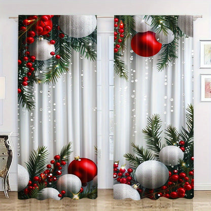 2pcs Set Christmas Tree Curtains - Digital Printed Polyester, Rod Pocket Design for Living Room, Kitchen, Bedroom & Study - Machine Washable Home Decor (Rods Not Included)