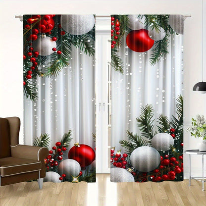 2pcs Set Christmas Tree Curtains - Digital Printed Polyester, Rod Pocket Design for Living Room, Kitchen, Bedroom & Study - Machine Washable Home Decor (Rods Not Included)