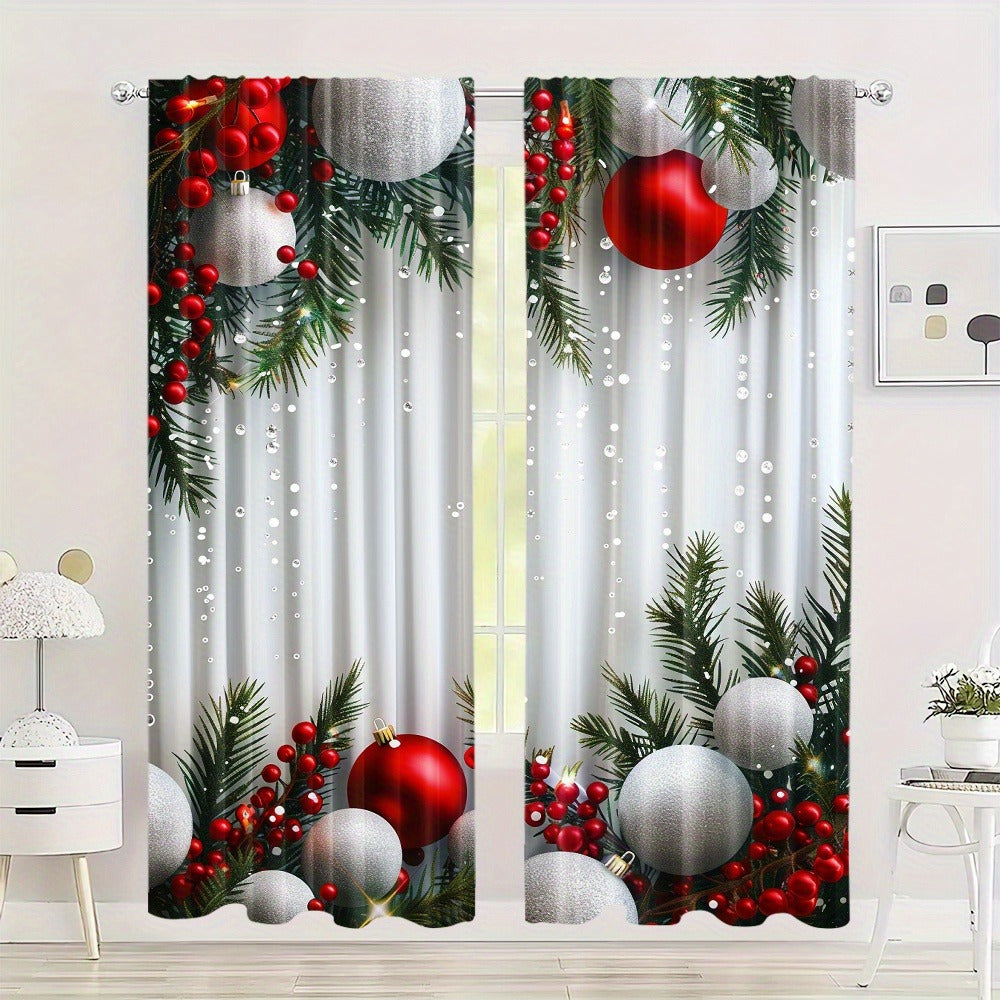 2pcs Set Christmas Tree Curtains - Digital Printed Polyester, Rod Pocket Design for Living Room, Kitchen, Bedroom & Study - Machine Washable Home Decor (Rods Not Included)