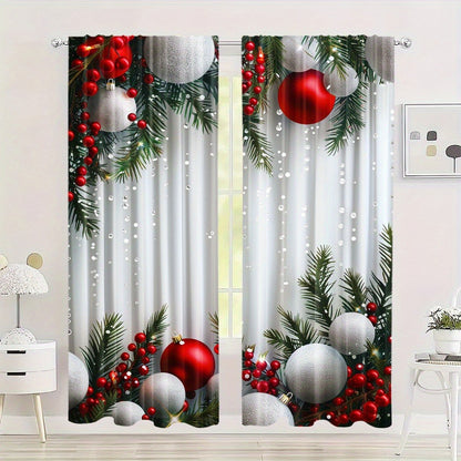 2pcs Set Christmas Tree Curtains - Digital Printed Polyester, Rod Pocket Design for Living Room, Kitchen, Bedroom & Study - Machine Washable Home Decor (Rods Not Included)