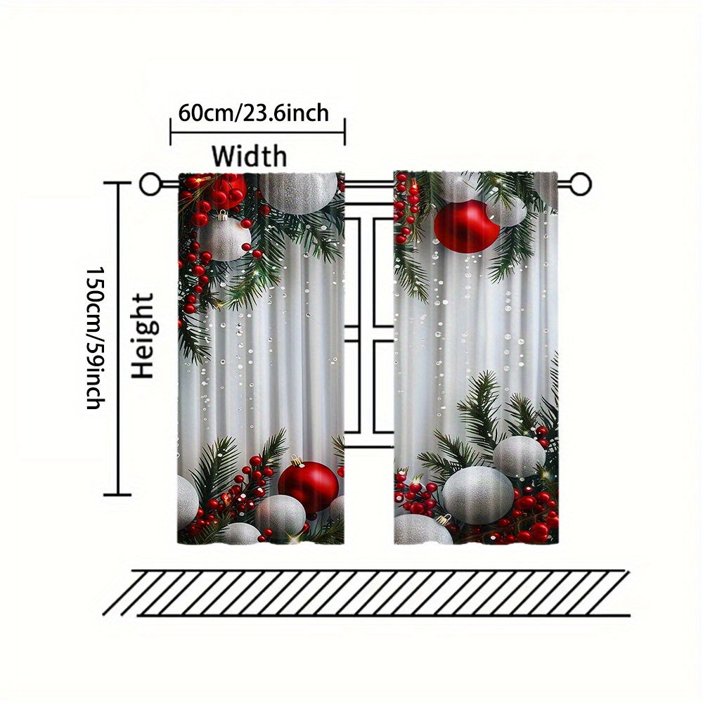 2pcs Set Christmas Tree Curtains - Digital Printed Polyester, Rod Pocket Design for Living Room, Kitchen, Bedroom & Study - Machine Washable Home Decor (Rods Not Included)