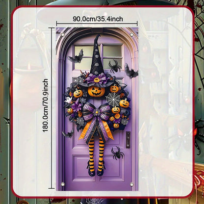 Contemporary Halloween Door Wreath - 1pc Polyester Fiber Wreath for New Year, Porch & Garden Party Decor - 35.4x70.9 Inches, No Electricity or Battery Needed