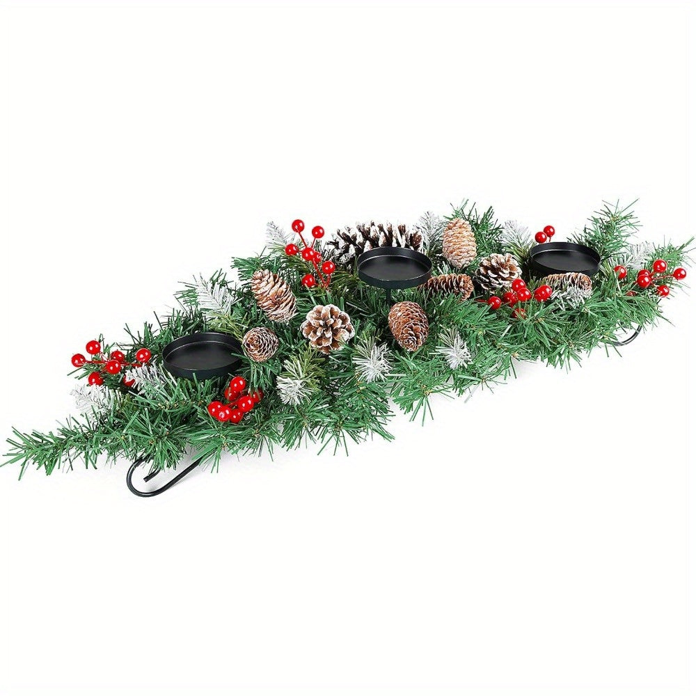 31.5in Artificial Christmas Centerpiece with Steel Base, 3 Candle Holders, Pine Cones, Red Berries, Christmas Decorations Indoor for Festival Home Decoration
