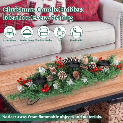 31.5in Artificial Christmas Centerpiece with Steel Base, 3 Candle Holders, Pine Cones, Red Berries, Christmas Decorations Indoor for Festival Home Decoration