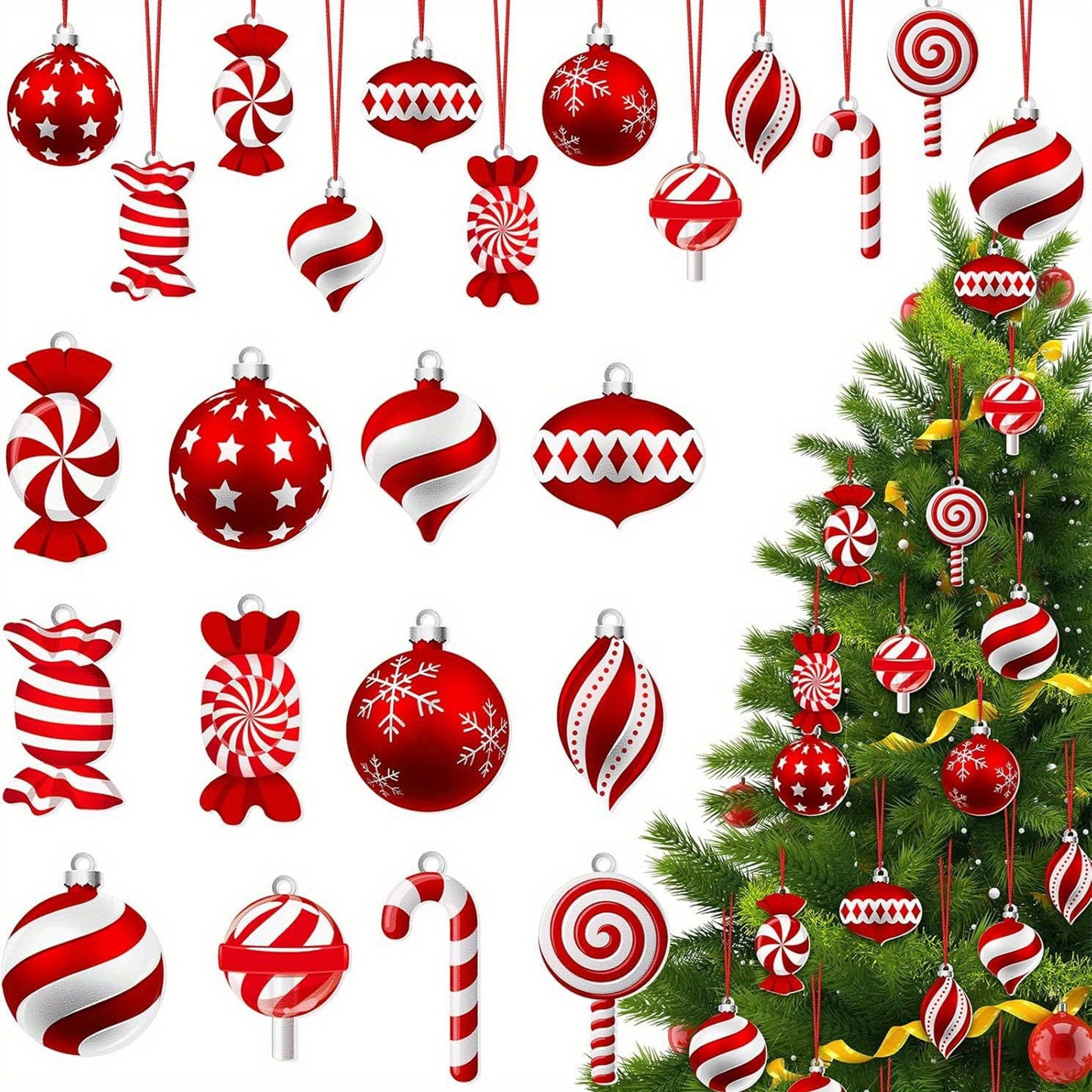 24PCS Vibrant Christmas Candy Cane and Lollipop Ornament Set - Durable Plastic Tree Decorations with Hanging Strings for Festive Holiday Party, Home, Room, Window Decor - Easy to Hang, Reusable, and Weather-Resistant Holiday Hanging Decor