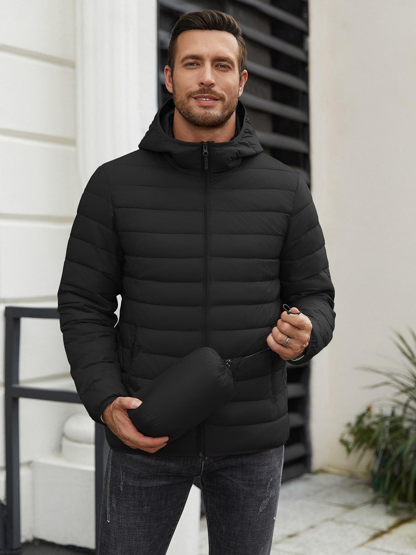 Men'S Plus Size Packable Puffer Jacket, Casual Nylon Padded Coat, Crew Neck, Zipper Closure, Solid Color, Non-Stretch Fabric, with Polyester Lining, for Fall & Winter Lightweight Insulated Windproof