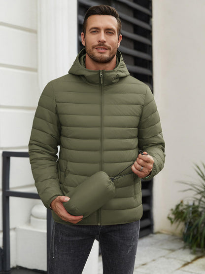 Men'S Plus Size Packable Puffer Jacket, Casual Nylon Padded Coat, Crew Neck, Zipper Closure, Solid Color, Non-Stretch Fabric, with Polyester Lining, for Fall & Winter Lightweight Insulated Windproof