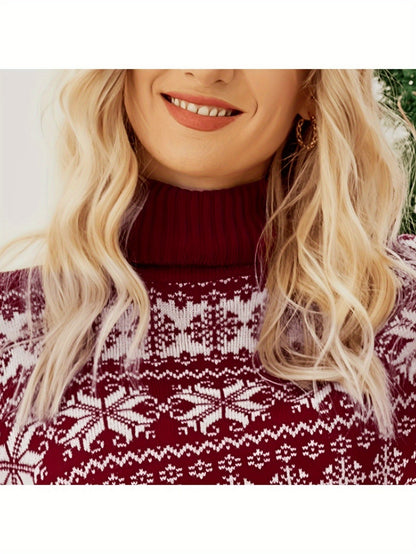 Fashion Women's Turtleneck Christmas Knitted Sweater Snowflake Print Long Sleeve Pullover Winter Warm Tops