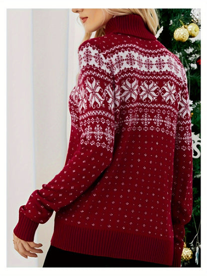 Fashion Women's Turtleneck Christmas Knitted Sweater Snowflake Print Long Sleeve Pullover Winter Warm Tops