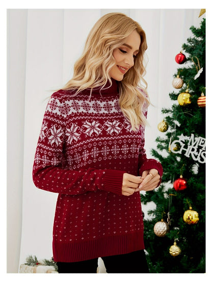 Fashion Women's Turtleneck Christmas Knitted Sweater Snowflake Print Long Sleeve Pullover Winter Warm Tops