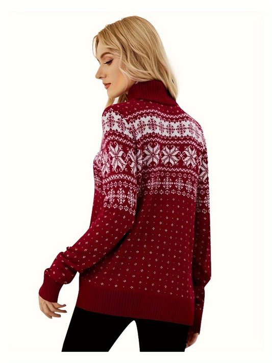 Fashion Women's Turtleneck Christmas Knitted Sweater Snowflake Print Long Sleeve Pullover Winter Warm Tops