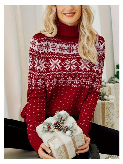 Fashion Women's Turtleneck Christmas Knitted Sweater Snowflake Print Long Sleeve Pullover Winter Warm Tops