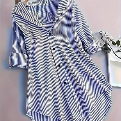 ZllKl Stripe Print Button Front Blouse, Casual Long Sleeve Blouse For Spring & Fall, Women's Clothing