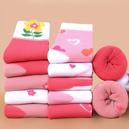 Girls' Knee-High Winter Socks 5-Pack - Cozy Thick Knit Fabric with Floral Patterns, Polyester and Spandex Blend, Hand Wash Only, Warm and Comfortable for Ages 12 and Under