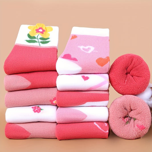 Girls' Knee-High Winter Socks 5-Pack - Cozy Thick Knit Fabric with Floral Patterns, Polyester and Spandex Blend, Hand Wash Only, Warm and Comfortable for Ages 12 and Under