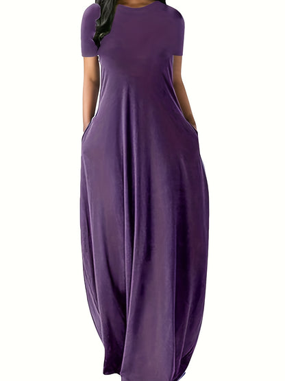 Plus Size Womens Casual Maxi Dress - Flattering Solid Color, Comfortable Round Neck, Flowy Loose Fit with Handy Pockets, Short Sleeves