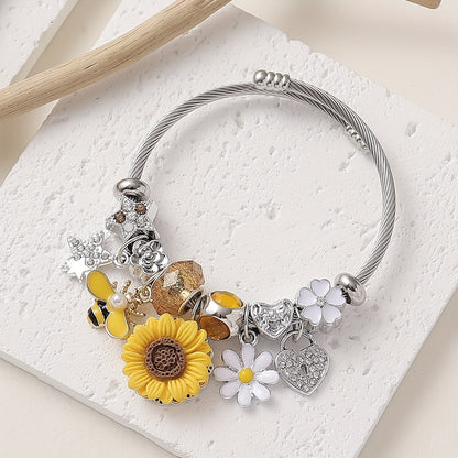 Elegant Sunflower & Bee Charm Bracelet With Rhinestones - Stainless Steel, Perfect For Parties, Proms, And Casual Attire