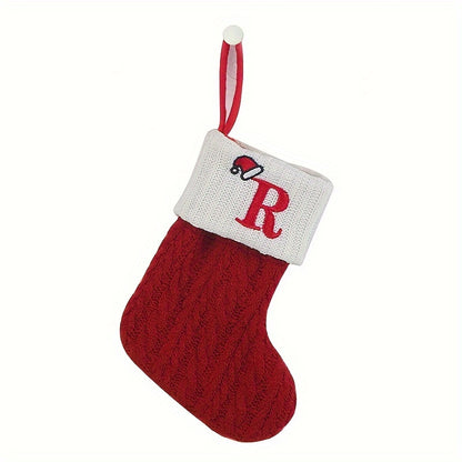 Classic Initial Mini Christmas Stockings, 1pc, Embroidered Alphabet Knit Red and White Themed Socks for Home, Christmas Tree, Mantel Decoration, No Feathers, Polyester - Festive Holiday Decor