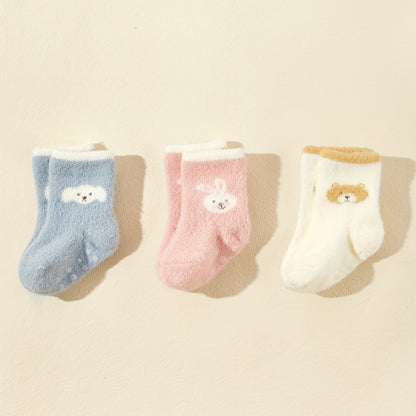 3pairs Baby Girls Cute Cartoon Rabbit Bear Dog Plush Non-slip Floor Socks Soft Comfortable Thermal Breathable Socks For Autumn And Winter
