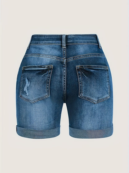 ZllKl  Women's Denim Shorts, Party Style, Distressed Ripped And Roll Up Edges, Casual Summer Jean Hotpants, Rolled Cuff Detail, Blue