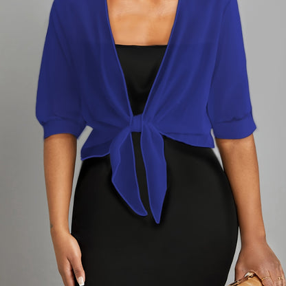 ZllKl Tie Front Semi-Sheer Blouse, Elegant Open Front Shawl Blouse, Women's Clothing