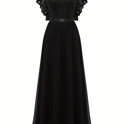 Stunning Lace Splicing V-Neck Bridesmaid Dress - Elegant Ruffle Sleeve, A-Line Floor Length, Perfect for Wedding Party - Womens Formal Clothing for Special Occasions