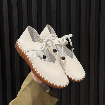 Womens Flat Lace Up Oxfords - Breathable, Non-Slip, Solid Color Cut-out Sneakers - Casual Walking Shoes for Spring Season with Rubber Sole and Man-Made Materials
