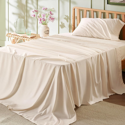4pcs Luxurious Microfiber Sheet Set - 14" Deep Pocket, Exquisite Pinch Pleat, Shrink-Resistant, Fade-Resistant, Soft & Comfortable Bedding Set With Pillowcase, Flat Sheet, Fitted Sheet - Modern Design For All Season, Dorm Bedding For College Set