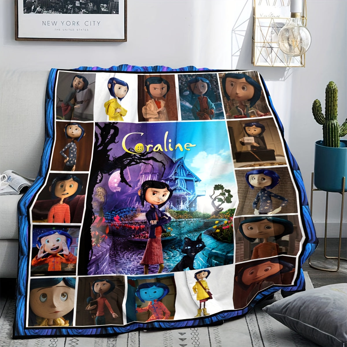 1pc UME Coraline Anime Cartoon Print Flannel Blanket, Soft Comfortable Contemporary Style Polyester Bedding for Sofa, Bed, Outdoor Travel - Machine Washable, Stain Resistant, All-Season Multipurpose Knitted Throw Blanket