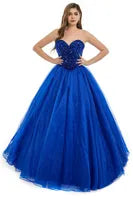 Sexy Backless Royal Blue A Line Prom Dresses  New Sequins Beads Sweetheart Corset Back Evening Quinceanera Gowns With Poet Sleeves BM3503
