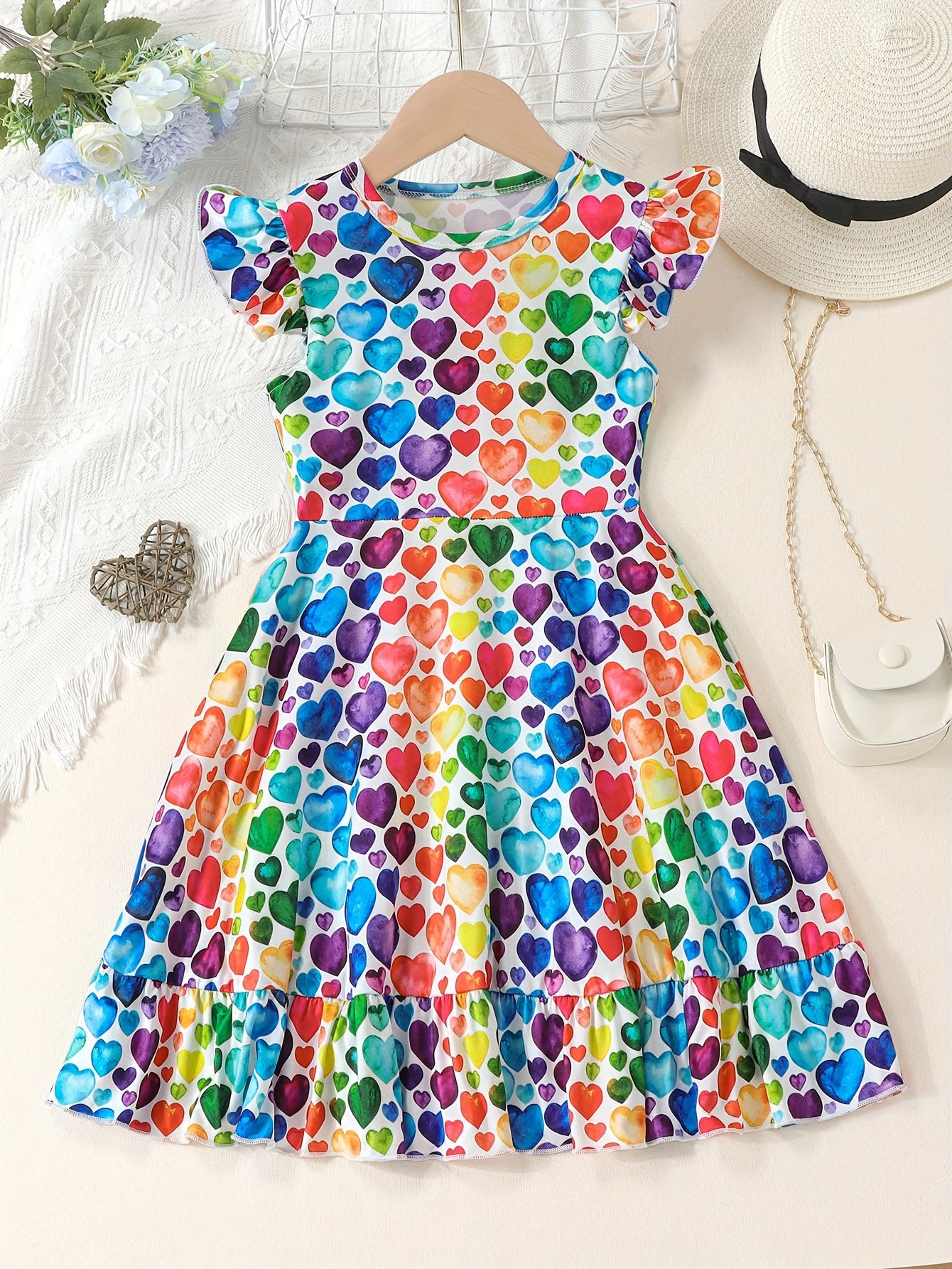 Girls Vibrant Hearts Print Round Neck Flying Sleeve Midi Dress - Adorable & Flowy for Summer Romance & Valentines Day