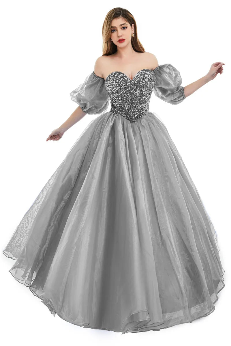 Sexy Backless Royal Blue A Line Prom Dresses  New Sequins Beads Sweetheart Corset Back Evening Quinceanera Gowns With Poet Sleeves BM3503