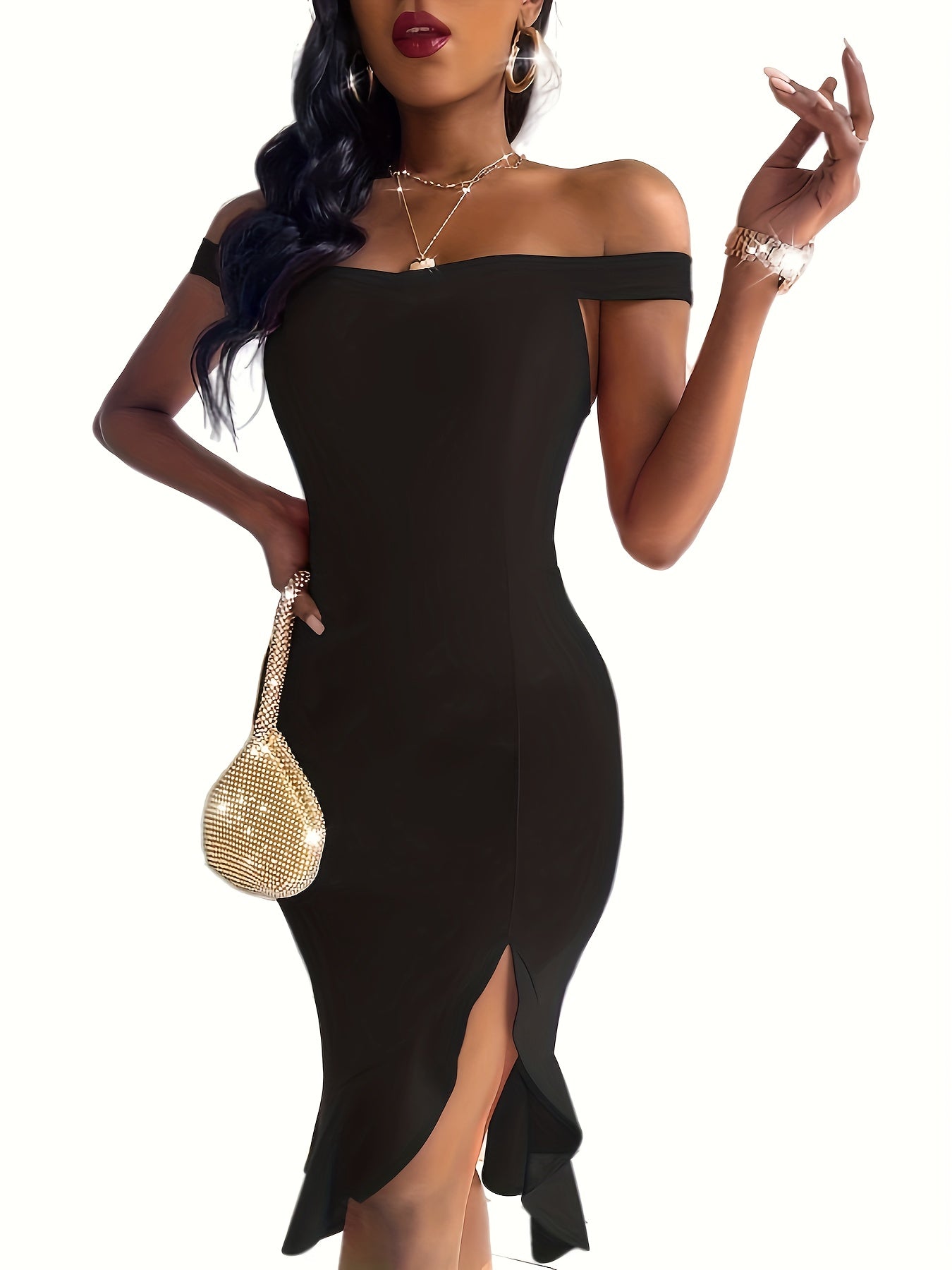 Off Shoulder Split Dress, Sexy Bodycon Ruffle Hem Party Dress, Women's Clothing