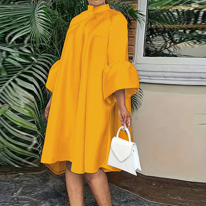 Plus Size Elegant 3/4 Sleeve Midi Dress - Button Front, Crew Neck, Ruffle Cuff, Knee High, Non-Stretch, Woven Polyester, Big-Tall Silhouette, No Belt or Padding, Perfect for All Seasons